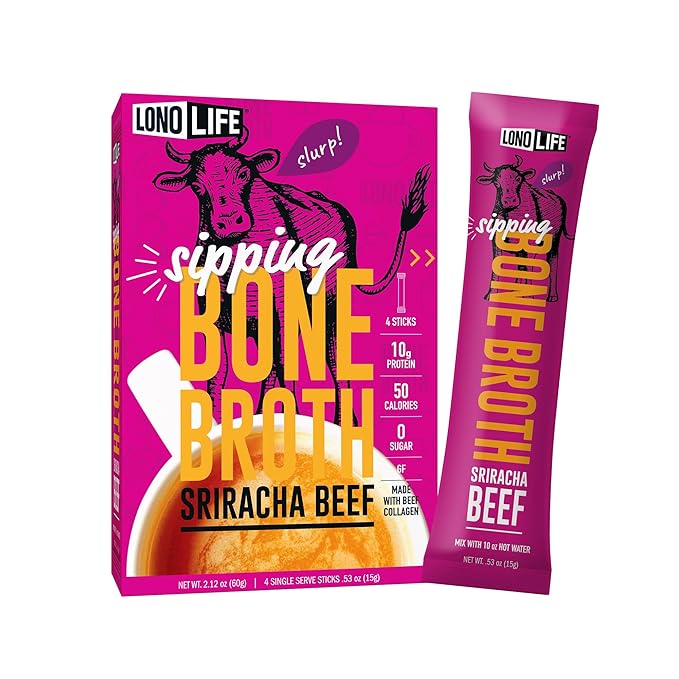 LonoLife Sriracha Beef Bone Broth Powder Mix | Grass-Fed, 10g Protein | Collagen-Rich, Keto & Paleo