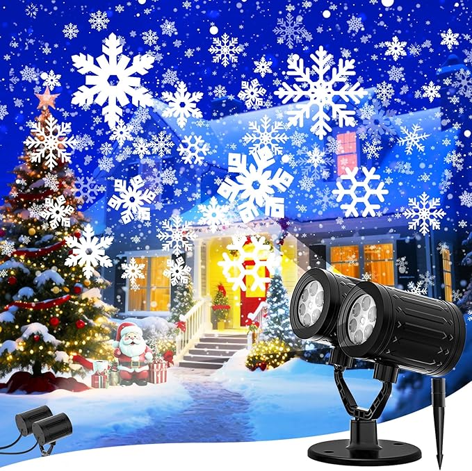 Christmas Snowflake Projector Lights Outdoor, 2025 Upgraded Double Head, 360° Rotating, IP65
