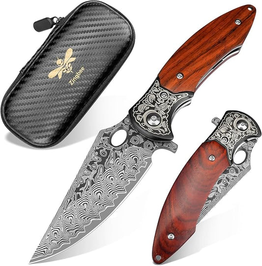 Damascus Pocket Knife, 3.3" Damascus Blade Wooden Handle EDC Pocket Knives & Folding Knives for Men
