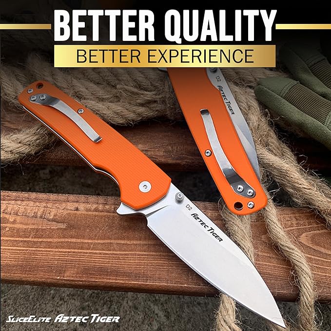 SliceElite 3.6-Inch Aztec Tiger Folding Knife | Pocket Knife with Orange G10 Composite Handle, D2