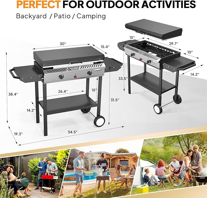 Bonnlo 2-in-1 Propane Stove and Griddle, Iginition Outdoor Gas Cooker with Storage Shelf and
