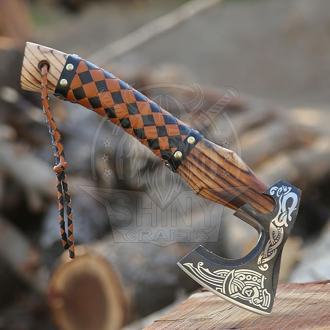 SHINY CRAFTS®- Handmade Viking Axe – Unique Gift for Him Engraved Carbon Steel Hatchet with Leather