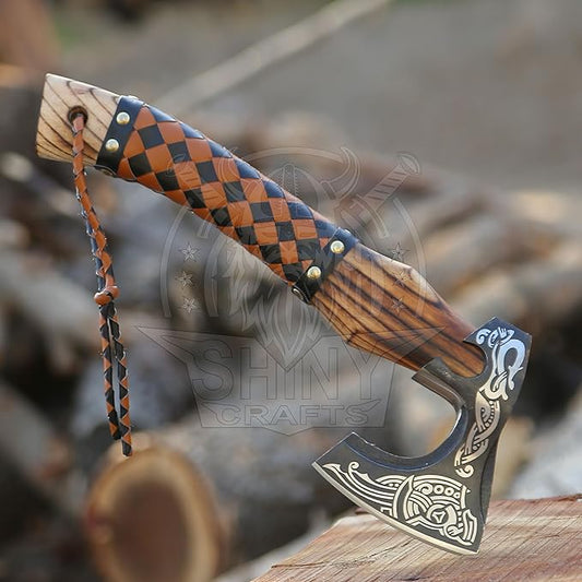 SHINY CRAFTS®- Handmade Viking Axe – Unique Gift for Him Engraved Carbon Steel Hatchet with Leather