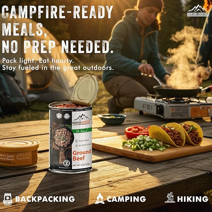 MOUNTAIN ESSENTIALS Ground Beef 14 Oz Fully Cooked Ready to Eat Hamburger Meat Emergency Survival