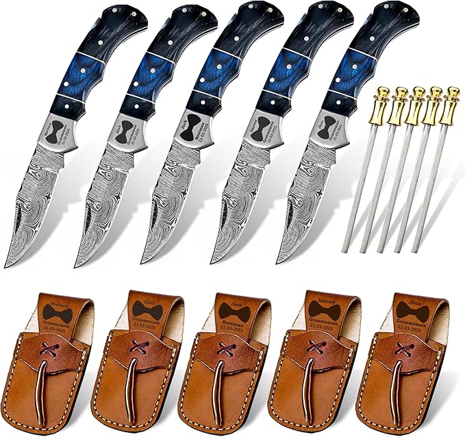 Set of 5 - Personalized Damascus Pocket Knife for Groomsmen -With Leather Sheaths - Custom Engraved