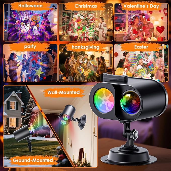 Halloween Projector Lights Outdoor, 2-In-1 HD Moving Pattern Holiday Projector Lights with Remote