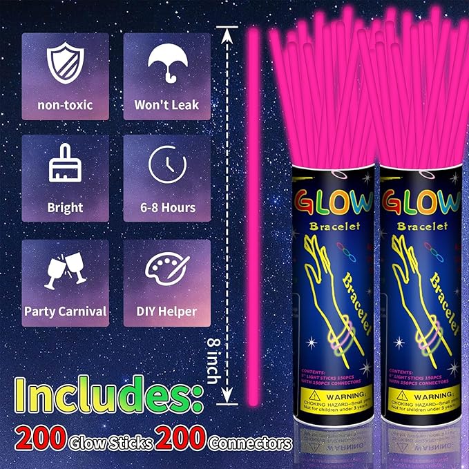 200 Pack 8'' Glow Sticks Bulk Party Favors Pink Light Up Sticks with Connectors Neon Glow in the