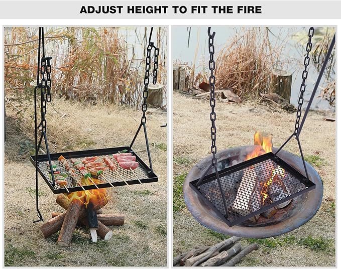 REDCAMP Swing Campfire Grill Stand - Collapsible Campfire Cooking Rack with 6 Hooks & Iron Grill