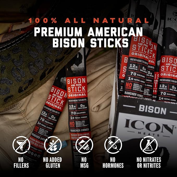 ICON Meats Bison and Pork Snack Sticks - Original Flavor - 24 Pack of Individually Wrapped Jerky