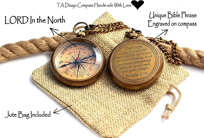Trust in The Lord With All Your Heart - Proverbs 3:5-6 Quote Engraved Compass With Wooden Box