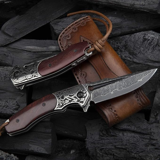 Handmade japanese vg10 damascus steel pocket knife,rosewood handle,sheath,liner lock,folding knives