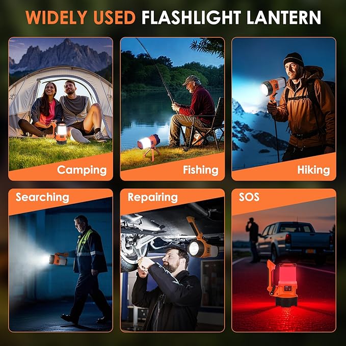 Tripod Rechargeable Camping Lantern, 6 Modes LED Flashlight Handheld Spotlight with 4000LM, 4400mAh