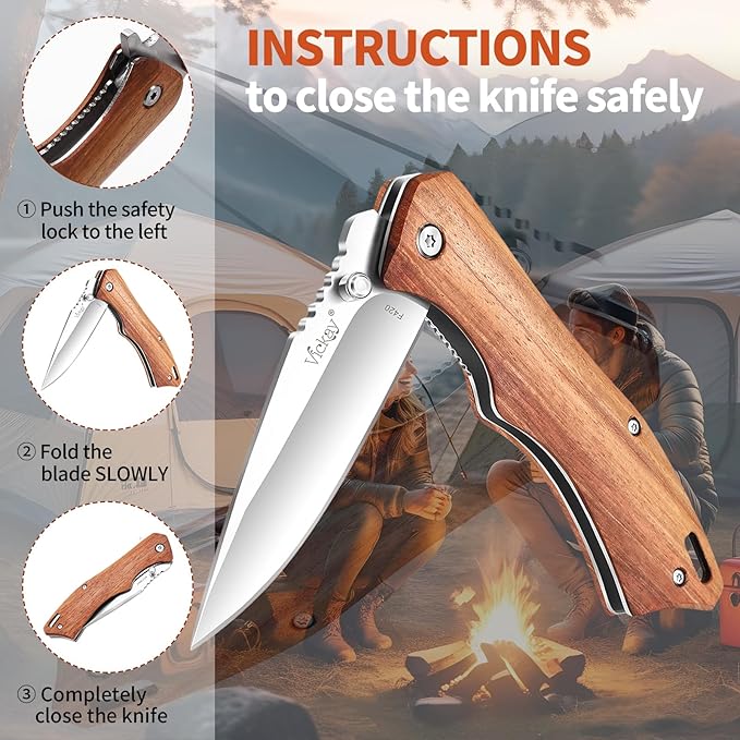 Vickay Pocket Knife for Men, 3.4" 8Cr13MoV Steel Blade, Wood Handle EDC Folding Knife with Liner
