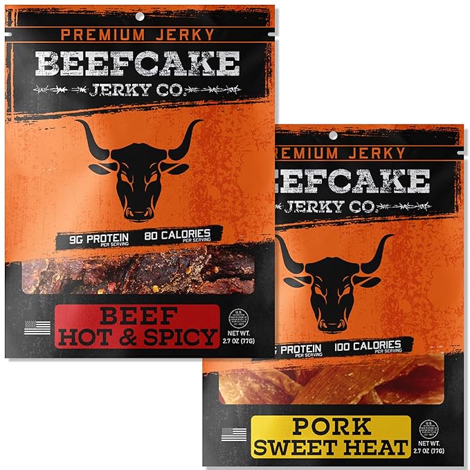 BEEFCAKE Jerky Spicy Duo- Beef Jerky Sweet Heat Pork & Hot Spicy Beef Meat Snacks, 9 Gram of