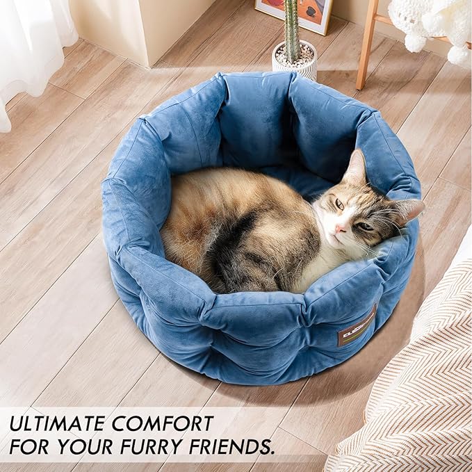 ClevaHome Deep Nest Cat Bed for Small Pets up to 15lbs - Round Cat Beds for Indoor Cats, Luxurious