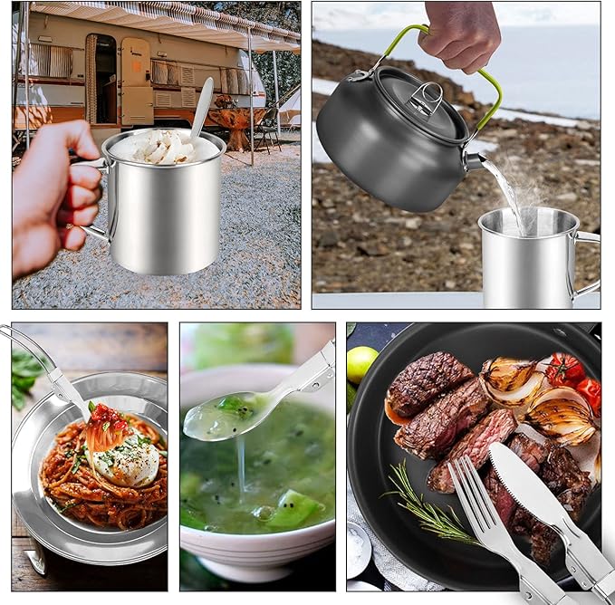 Odoland 16pcs Camping Cookware Mess Kit, Lightweight Pot Pan Mini Stove with 2 Cups, Fork Spoon