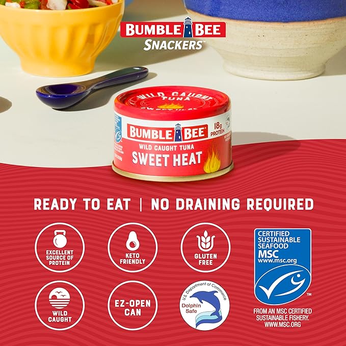 Bumble Bee Snackers - Sweet Heat Tuna, 3 oz Easy Open Can - 18g Protein per Serving - Wild Caught