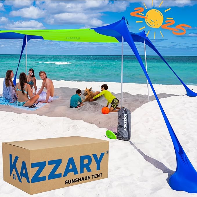 Beach Tent UPF50+ Sun Shade Canopy with Sandbags, 4 Stability Poles, Ground Pegs, Flying Disc Sand