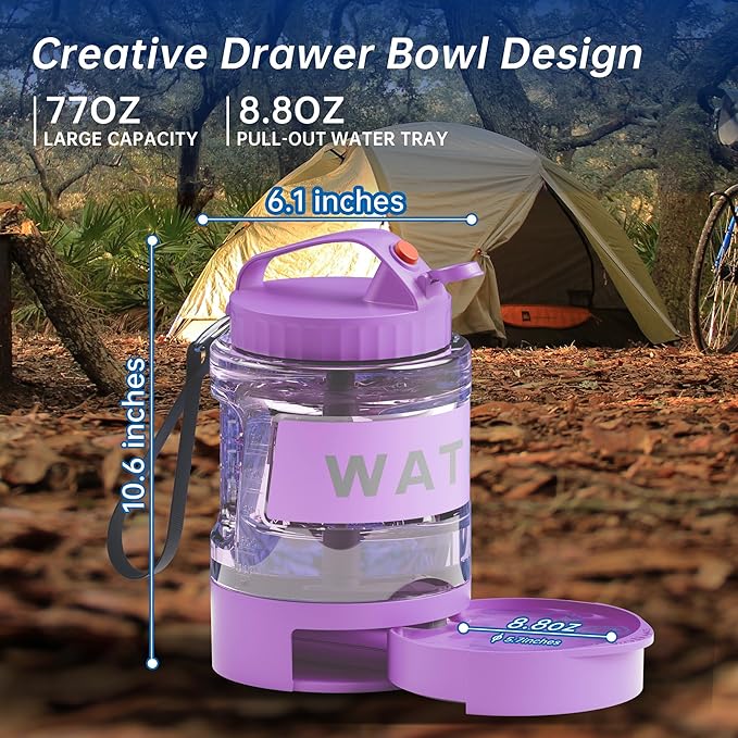 77oz Dog Water Bottle with Dispenser Bowl, 2200ml Capacity, Purple, Portable Pet Travel Bottle with