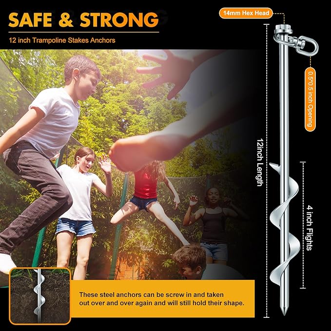 Zhengmy 8 Pcs Ground Anchors Screw in, 12 Inch Heavy Duty Tent Stakes with Trampoline Anchor Hook