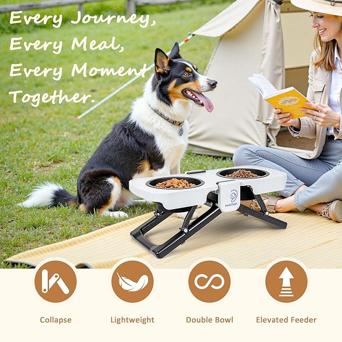 Portable Foldable Elevated Dog Bowls Stand with Dual Dishes, Compact Travel Pet Feeding Table for