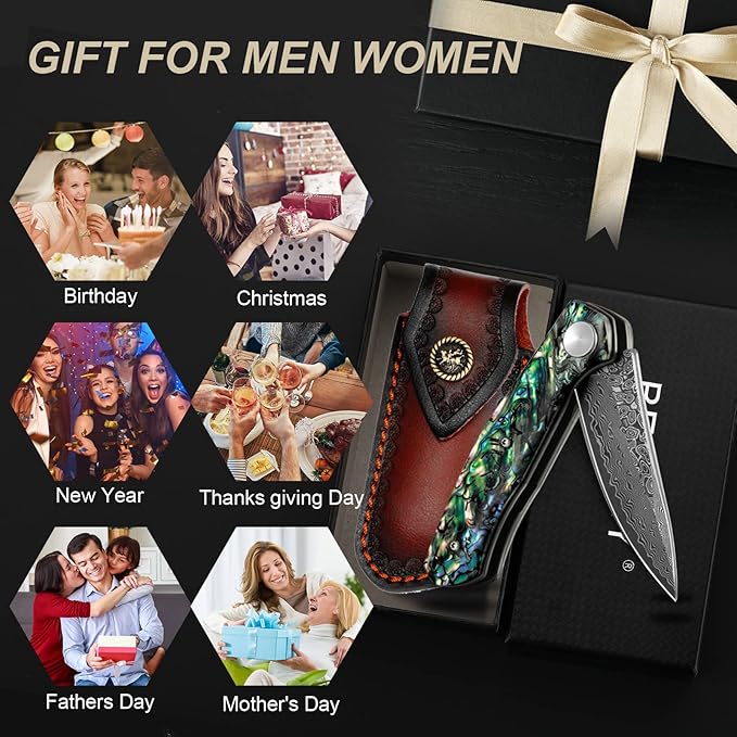 Benkey Damascus Pocket Knife with Clip Leather Sheath Sharp VG10 Core Folding Knife, EDC with Liner