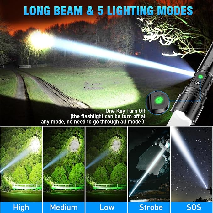 Flashlights 2000 High Lumens Rechargeable - 1500 Meters Long Beam Super Bright LED Flash Light with