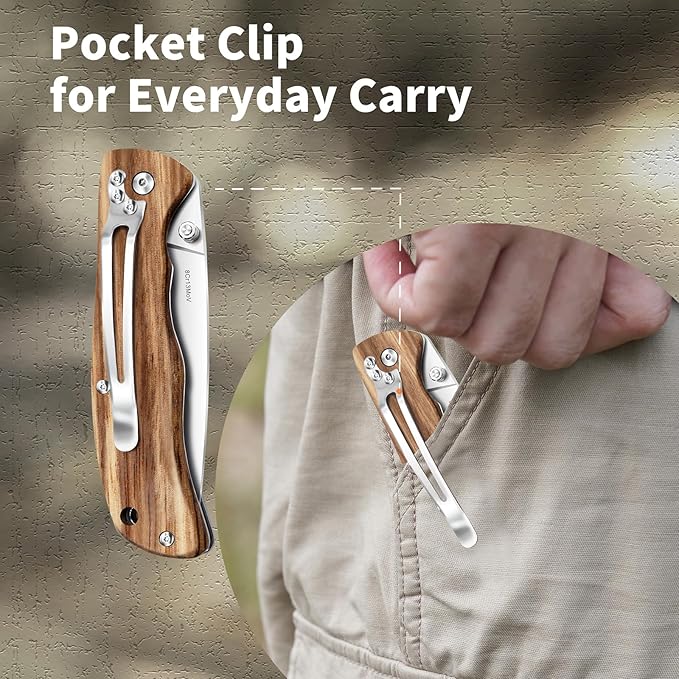 Vickay Pocket Knife for Men, Folding Knife with Clip, 3.74" 8Cr13MoV Steel Blade, Wood Handle EDC