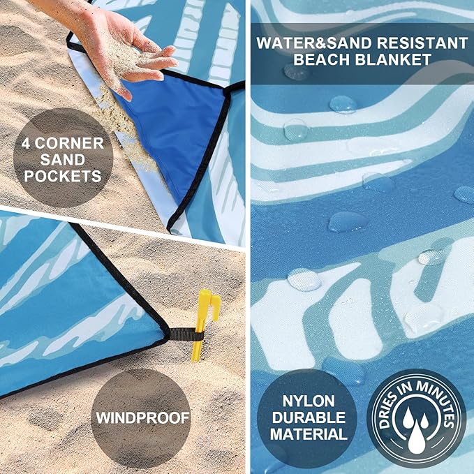 Beach Blanket Waterproof Sandproof Beach Mat 79" X 83"/10'x9'for 2-8 Adults Quick Drying Outdoor