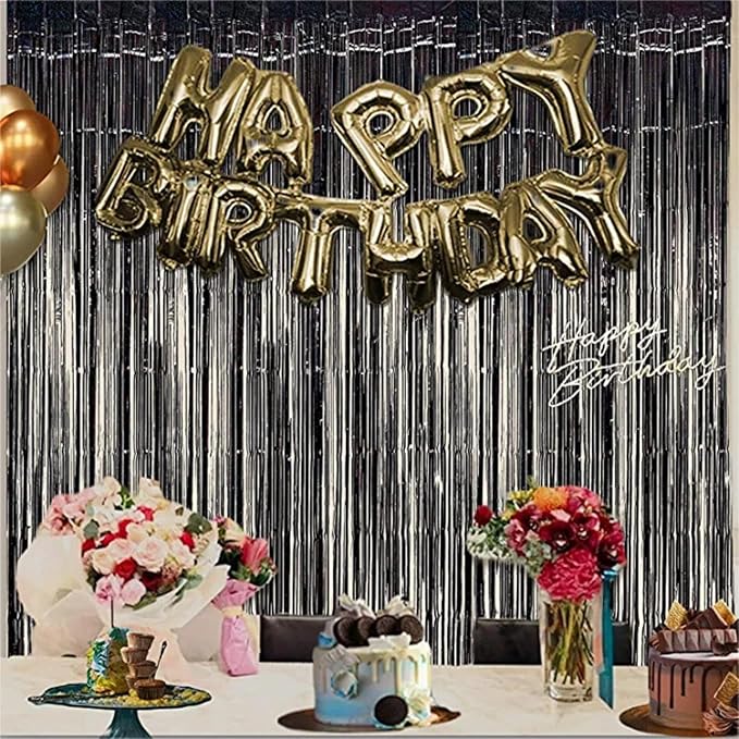 BRAVESHINE Black Gold Foil Fringe Curtain Backdrop - 2 Pack 3.2 x 8.2 ft Metallic Tinsel Photo