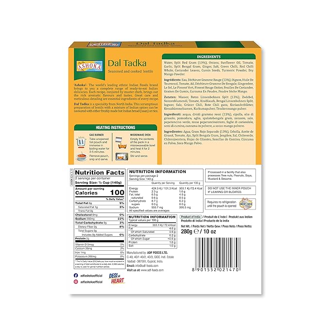 Ashoka Meals 1932, Plant-Based Lentils Curry, All-Natural Ready to Eat Meals, Authentic Dal Tadka