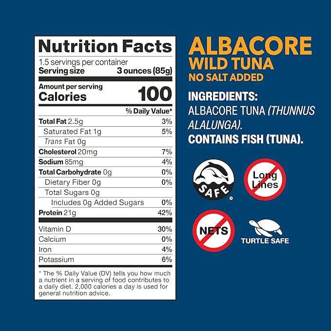 Wild Planet Wild Albacore Tuna, No Salt Added, Canned Tuna, Sustainably Wild-Caught, Non-GMO