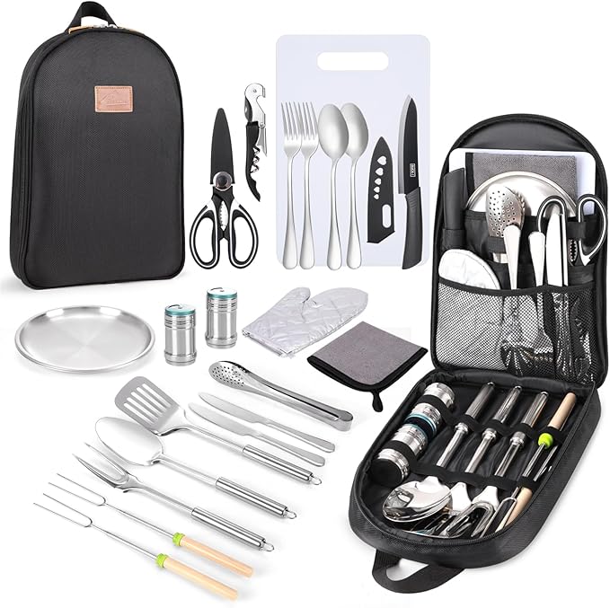 Portable Camping Kitchen Utensil Set-27 Piece Cookware Kit, Stainless Steel Outdoor Cooking and