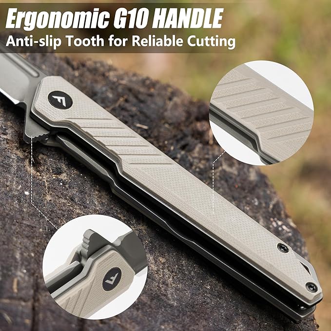 FLISSA Folding Knife, Pocket Knife with D2 Steel Blade, G10 Handle, Pocket Clip, Lightweight for