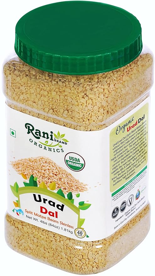 Rani Organic Urid/Urad Dal (Split Matpe Beans Skinless) Indian Lentils 64oz (4lbs) 1.81kg Bulk PET