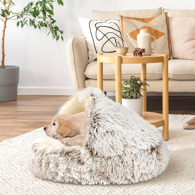 Calming Cat Beds, Fluffy Plush Round Cat Cave Washable, Cozy Warming Anti-Slip Small Dog Bed for
