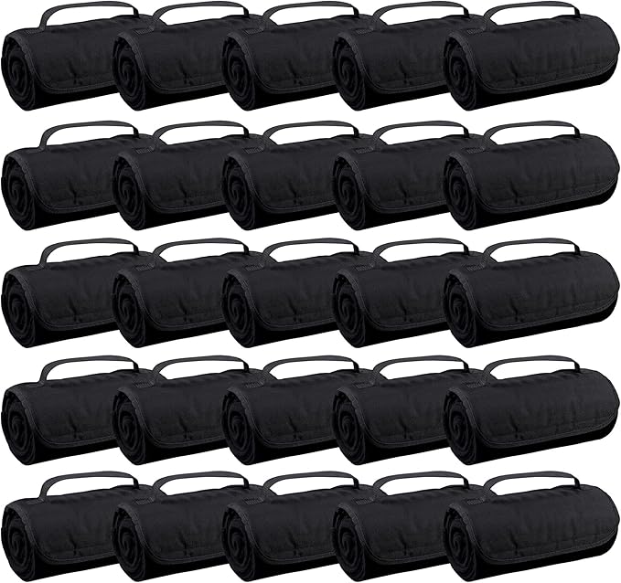 25 Ct of Roll-Up Blankets for Camping, Travel, Outdoors, Beach, Picnics – Black – Hook + Loop