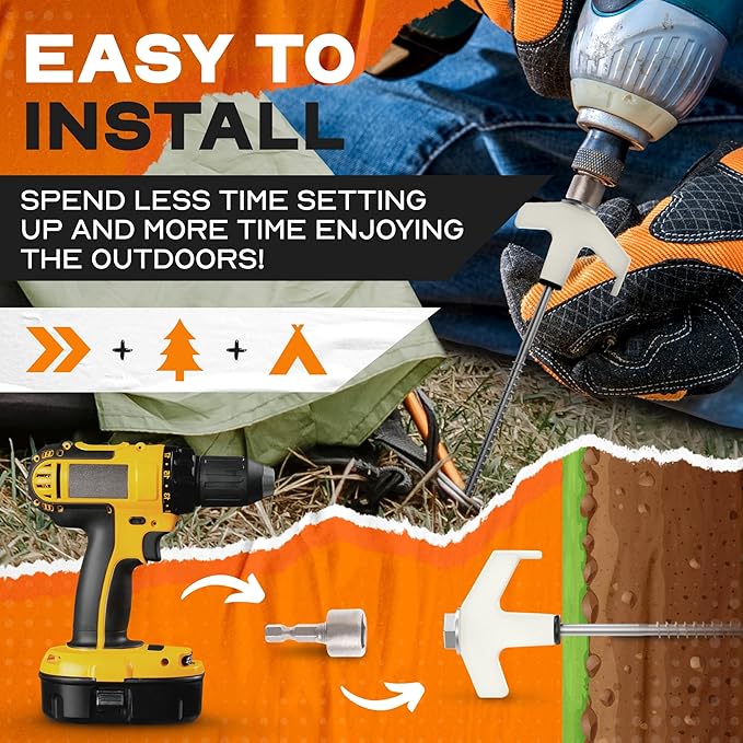 15-Pack 8" Heavy Duty Screw in Tent Stakes, Drill-In Ground Anchor Pegs, Includes Hex Head Driver &