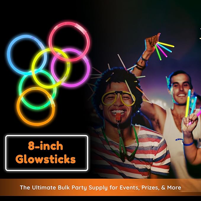 Glow Fever Glowsticks Bulk 1200pcs Party Pack includes 600 8" Glow Sticks and 600 connectors