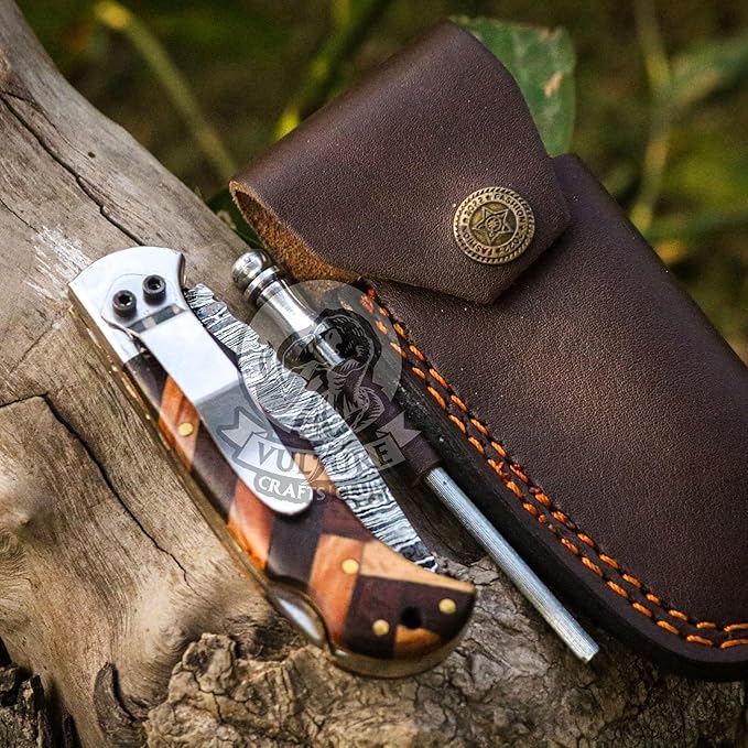 Damascus Pocket Knife for Men Handmade - 6.5 Inches Damascus Folding Knife with Sheath -Ideal for