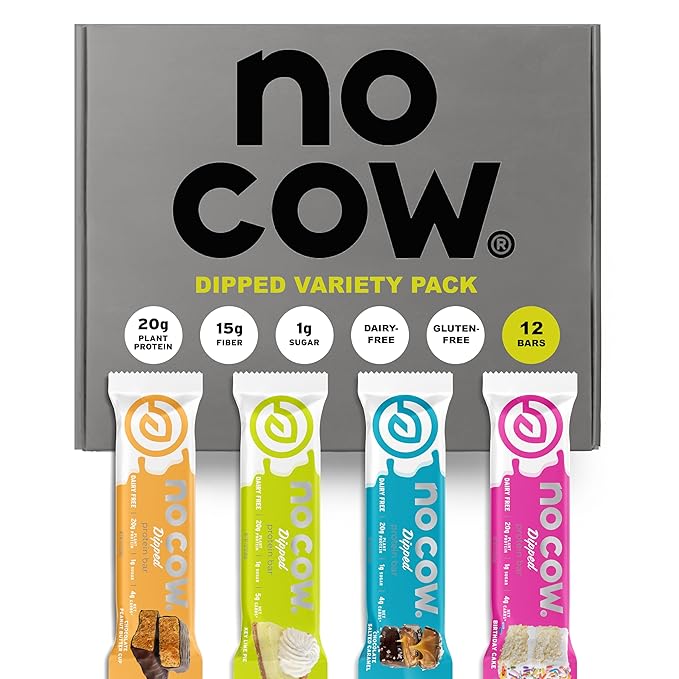 No Cow High Protein Bars, Dipped Variety Pack - Healthy Snack, 20g Vegan Protein, High Fiber, Low