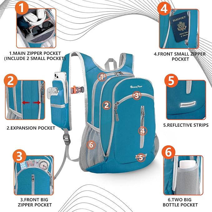 Seektop Small Hiking Backpack 12L to 15L Expandable Travel Packable Waterproof Daypack Lightweight