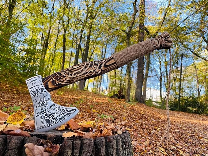 Hand Forged Viking Axe – Carbon Steel Blade with Ash Wood Handle and Leather Sheath, Camping