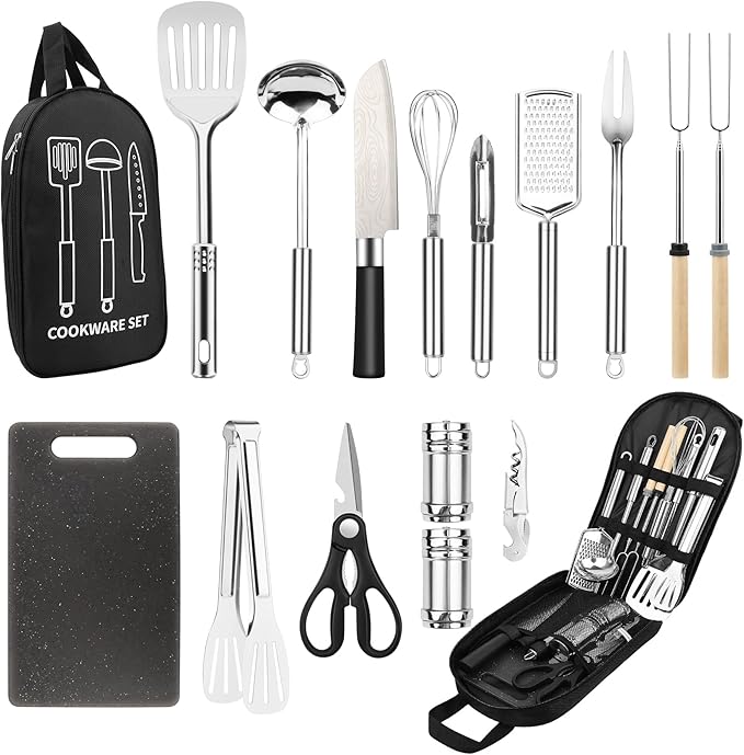 Camping Cooking Utensils Set, Stainless Steel Grill Tools, Camping BBQ Cookware Gear and Equipment