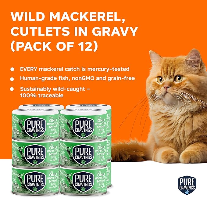 Pure Cravings Wet Cat Food Canned Mackerel Cutlets in Gravy, Every Catch is Mercury Tested, Moist