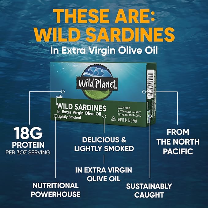 Wild Planet Wild Sardines in Extra Virgin Olive Oil, Lightly Smoked, Tinned Fish, Sustainably