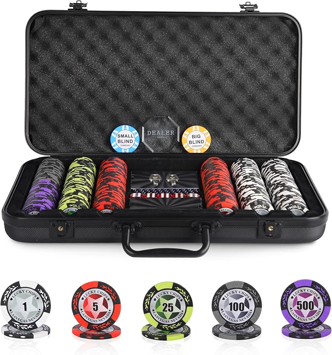 ORIENGEAR Poker Chip Set with Denominations, 300 PCS 14 Gram Clay Composite Casino Chips with ABS