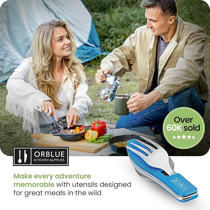 Orblue 4-in-1 Camping Eating Utensils, 2-Pack - Portable Spoon, Fork, Knife & Bottle Opener Combo
