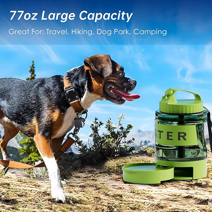 77oz Dog Water Dispenser, Camping Essentials, Large Travel Bottle with Pull-Out Drinking Bowl