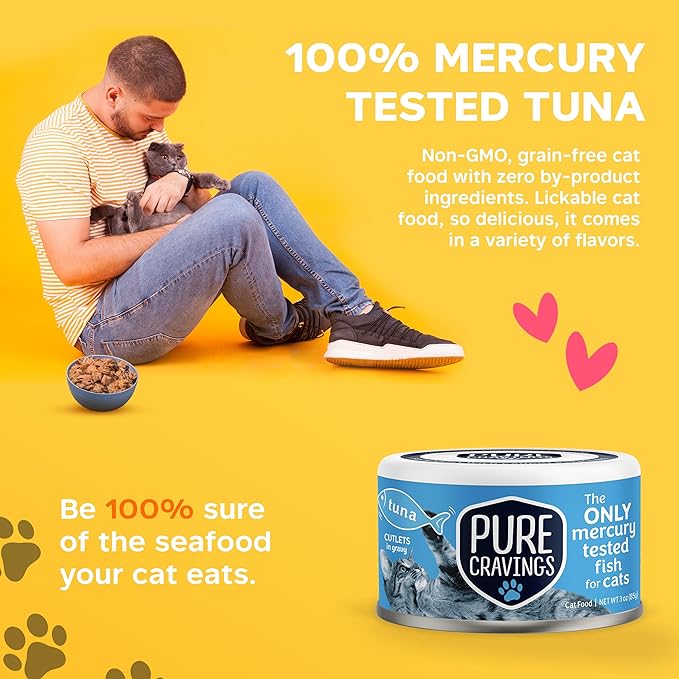 Pure Cravings Wet Cat Food Canned Tuna Cutlets in Gravy, 100% Mercury-Tested, Moist Can Fish for